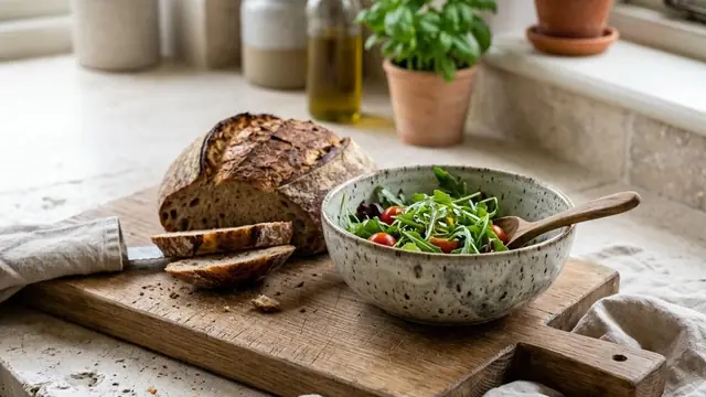 Illustrative kitchen still life with food on a wooden board and in a bowl beside a stone worktop