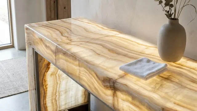 Illustrative honey-colored translucent onyx console with a soft microfiber cloth
