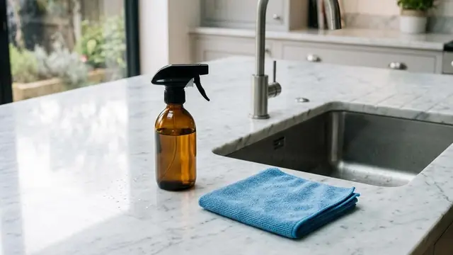 Illustrative marble counter beside a sink with a folded microfiber cloth and an unlabeled cleaner bottle