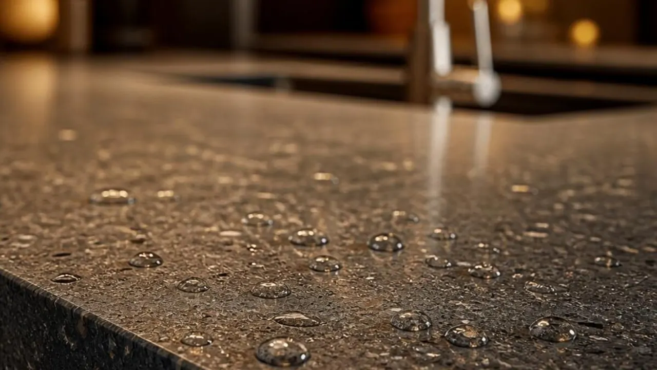 Water beading on a low-porosity quartz kitchen countertop