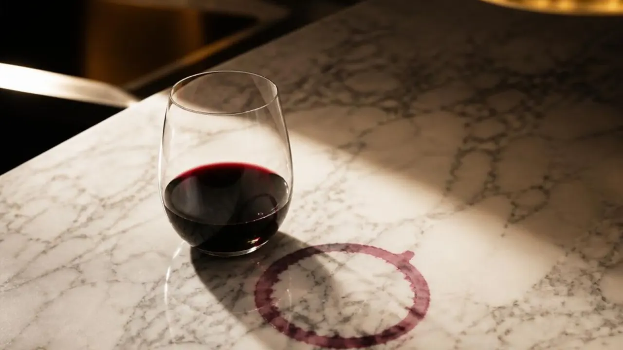 Red wine stain soaking into an unprotected white marble countertop