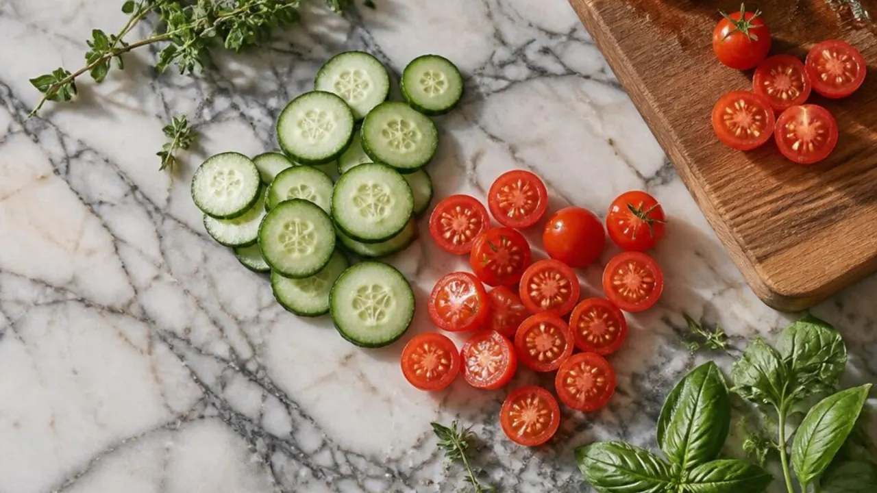 Fresh vegetables beside a marble countertop