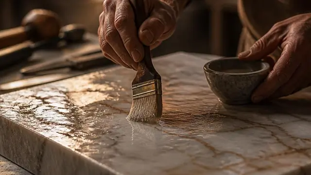 Artisan hand-applying Italian RAKU nanocoating to a raw marble slab