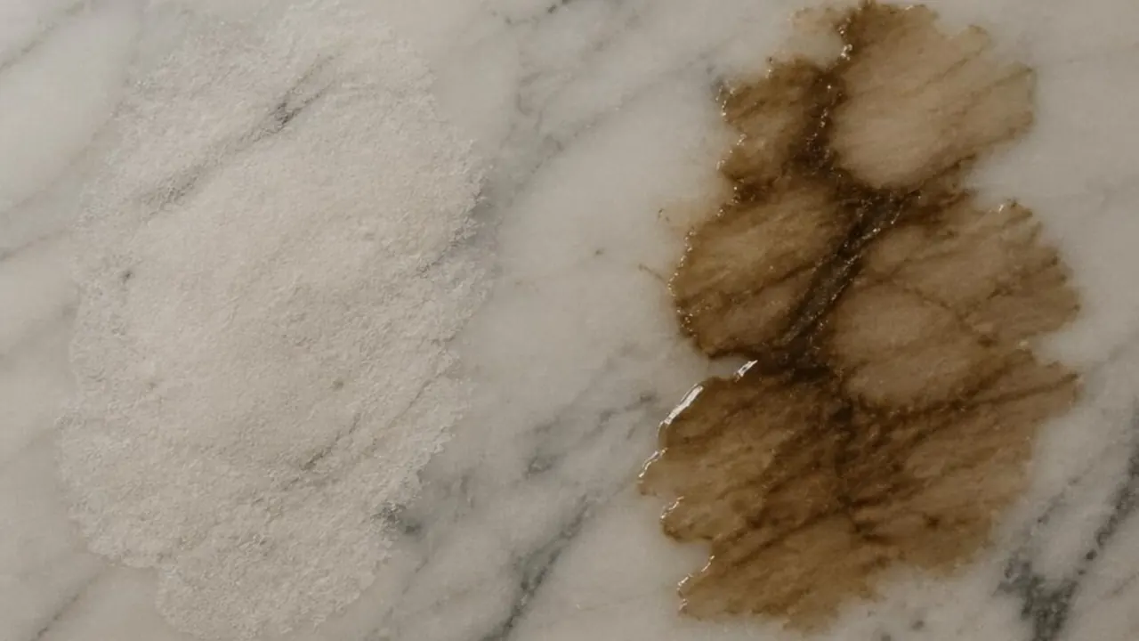 Side-by-side comparison of marble etching and marble staining