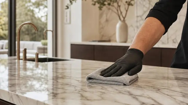 Illustration of a professional carefully applying a protective treatment to a marble countertop