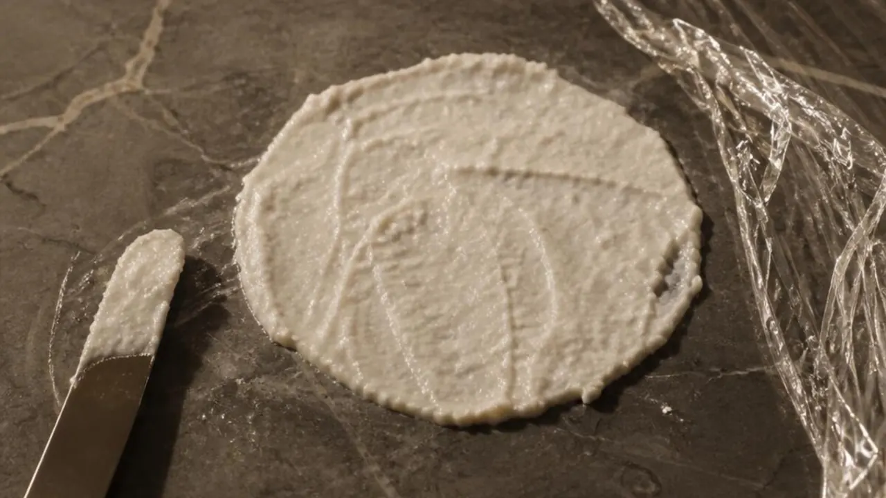 Baking soda poultice treating an oil stain on a marble countertop