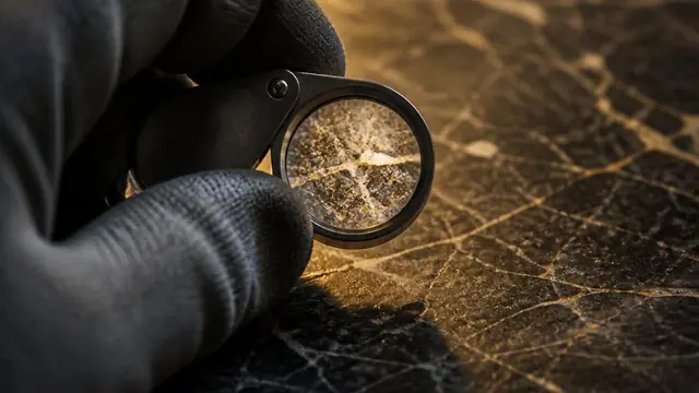 Inspecting marble surface porosity with a magnifying loupe