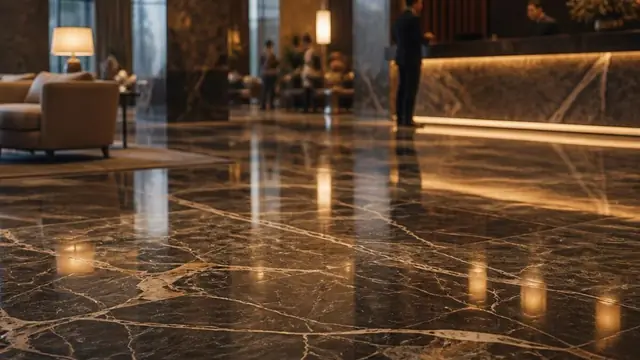 Polished marble flooring in a luxury hotel lobby