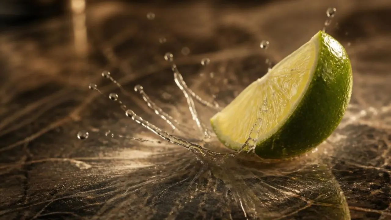 Lime juice etching a polished marble surface on contact